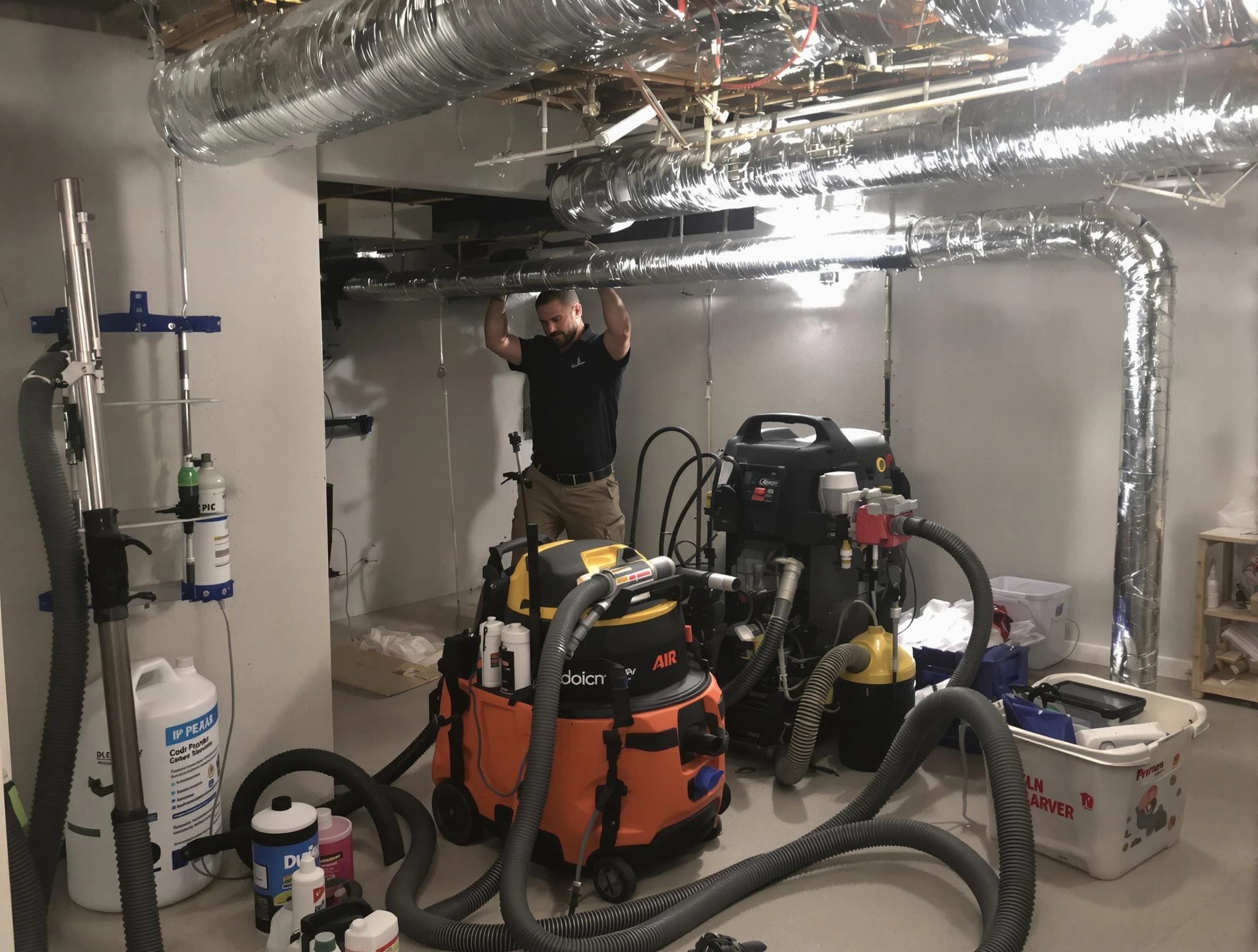 Calera Air Duct Cleaning specialist performing professional mold removal from air ducts using safety equipment in Calera