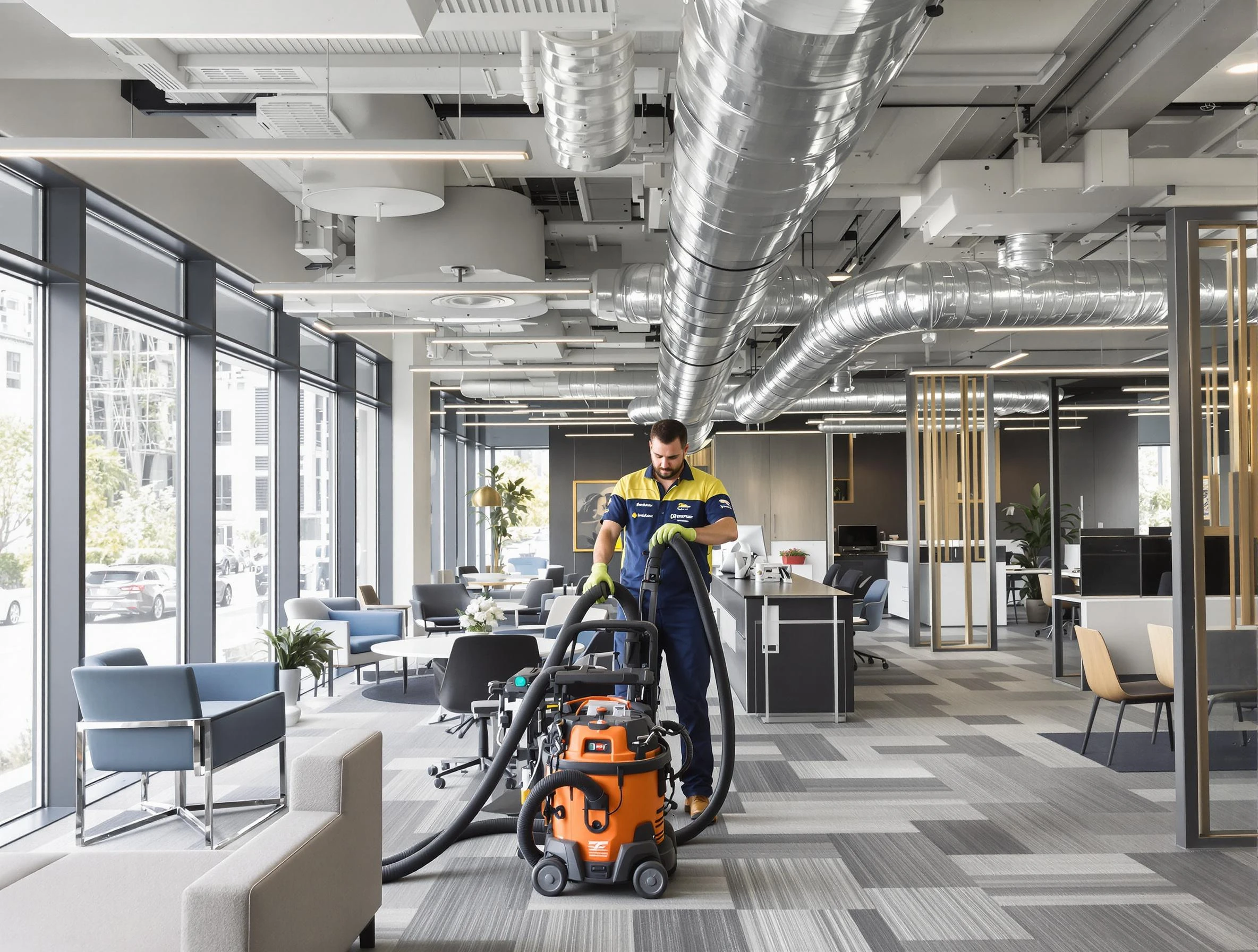 Calera Air Duct Cleaning team performing thorough commercial duct cleaning at a Calera business center